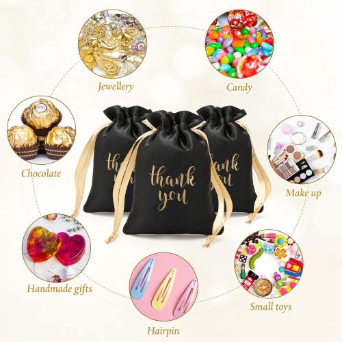 Sieral 50 Pcs Thank You Satin Gift Bags Bulk, Black, Gold, 5 x 7 Inch