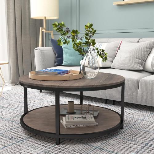 NSdirect Round Coffee Table,36 Coffee Table for Living Room,2-Tier Rustic Wood Desktop with Storage Shelf Modern Design Home Furniture(Light Walnut)