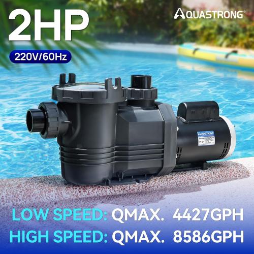 Aquastrong Riptide Series 2 HP In/Above Ground Pool Pump, 220V Dual Speed, Up to 8,586 GPH High Flow, Pure Copper Motor, Energy Efficient, Self Priming with Filter Basket