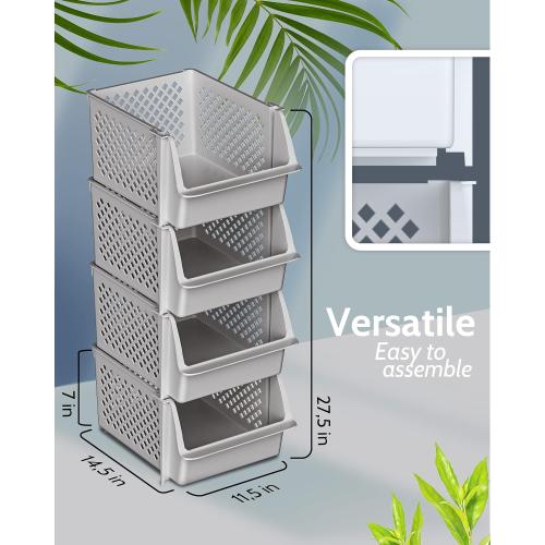 TidyFriend Stackable Storage Bins for Pantry, 4 Pack Stackable Bins For Organizing Food, Kitchen, and Bathroom Essentials (Light Grey)