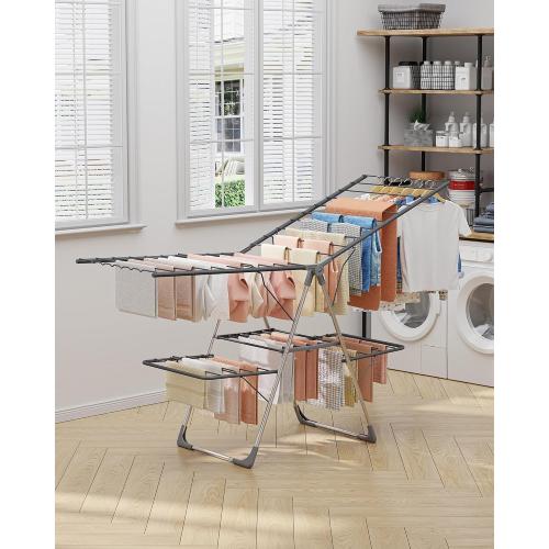 Sakugi Clothes Drying Rack, Foldable 2-Level Laundry Drying Rack with Height-Adjustable Wings, for Clothing & Bedding, Free-Standing Space-Saving Rack, Indoor & Outdoor, 70 L × 22.8 W, Gray