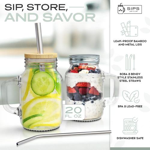 20oz Mason Jar Mug Set of 4 with Handles, Lids, Straws & Cleaning Brush - Overnight Oats & Iced Coffee Cups