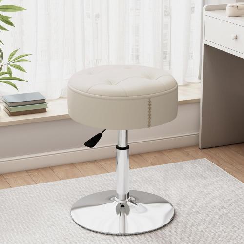 ACEQLYT® Vanity Stool with High-Density Non-Sagging Foam & Metal Base, Vanity Chair for Makeup Room, Height Adjustable 360° Swivel Ottoman, White PU Leather Makeup Chair for Bedroom, Bathroom