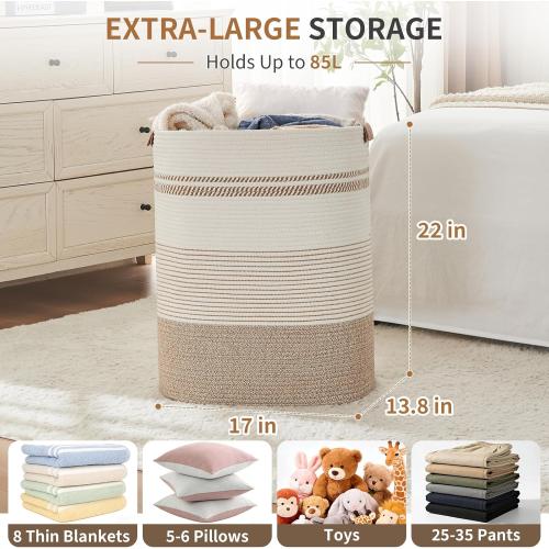 AINUOQI Laundry Basket with Handles - Blanket Basket & Hampers for Bedroom Aesthetic, Laundry Hamper & Blanket Storage for Living Room, Clothes Hamper, Tall, Large 17 x 14 x 22”, Light Brown & White