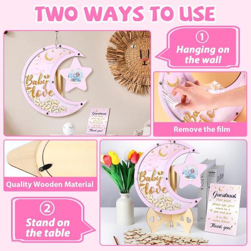 Baby Shower Guest Book Alternatives Moon Guest Book for Baby Shower Guest Book Frame with Star Baby Shower Decorations Guest Book Alternative for Wedding Boys Girls Birthday Party Keepsake(Pink)