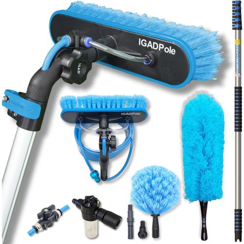 IGADPole 20 FT Water-Fed Cleaning Kit – Extendable Telescopic Pole with Soap-Dispenser, Brush & Cobweb Duster, Adjustable 5-20 FT Handle for Safe High Window, Gutter, Solar Panel & Exterior Cleaning