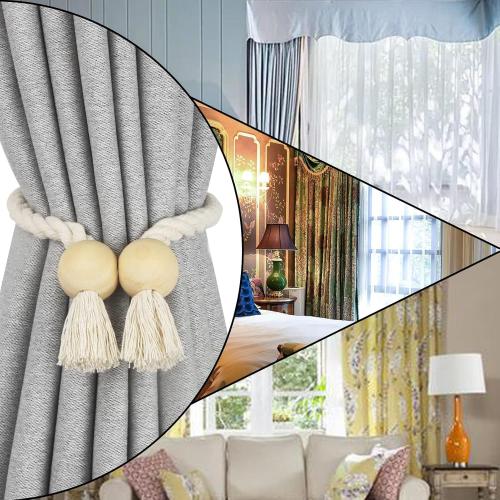 4 Pack Magnetic Curtain Tiebacks Cotton Hand Woven Tie Back Decorative Rope Holdbacks for Curtains Draperies No Tools Required, Beige