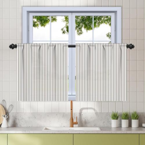 Renaiss 26 x 36 Inch Tan Stripe Farmhouse Kitchen Curtains Short Pinstripe Linen Texture Cafe Small Curtains Decor Ticking Stripe Light Filtering Small Window Treatments Rod Pocket Drapes 2 Panels