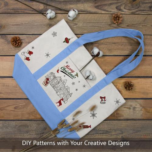 TOPDesign 1-Pack Canvas Tote Bag with an External Pocket, Reusable Grocery Shopping Bag, Top Zipper Closure, Daily Essentials (Light Blue/Natural)