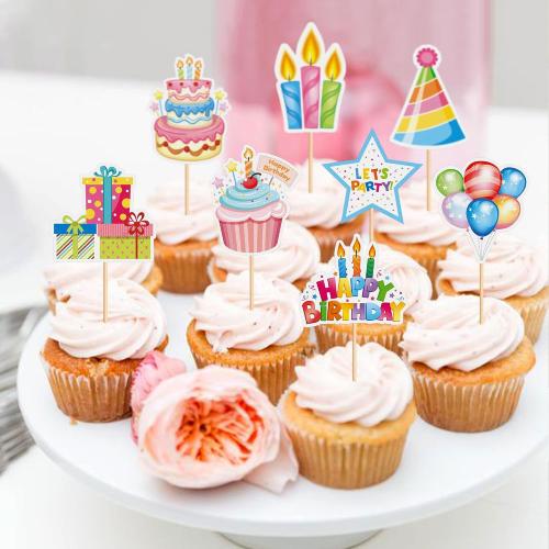 24Pcs Happy Birthday Cupcake Toppers Colorful Birthday Party Cupcake Picks Party Hat Gifts Box Birthday Candle Food Picks for Baby Shower Boys Girls Kids Birthday Party Decorations