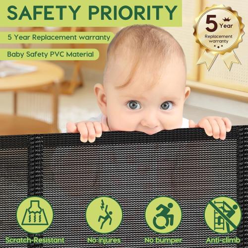 Reinforced 55 Wide Retractable Baby Gates with Reinforced Strips Retractable Dog Gate for the House Prevents Bottom Drilling Through Kid/Pet Mesh Baby Gate for Stairs Puppy Gates for the House, Black