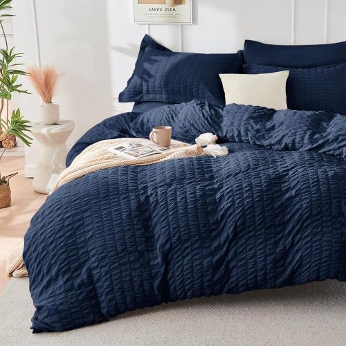 HYMOKEGE Navy Blue Queen Comforter Set Seersucker  All Season Luxury Bed in a Bag for Bedroom, Bedding Set with Comforters, Sheets, Pillowcases & Shams