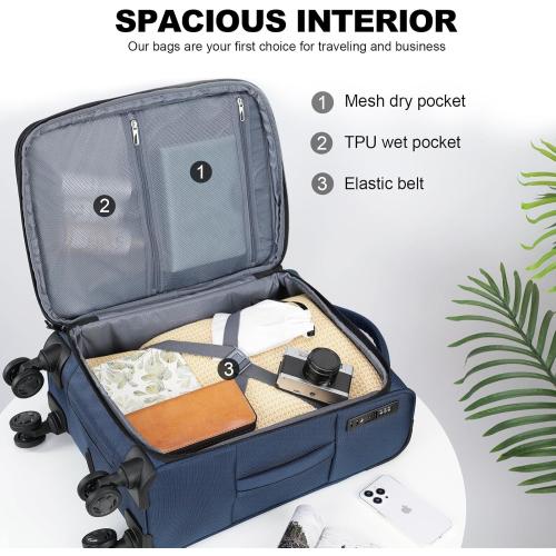 KROSER Softside Expandable Carry On Luggage with Spinner Wheels & Built-in TSA Lock, Durable Suitcase Rolling Luggage with USB Port, Carry-On 20-Inch, Haze Blue