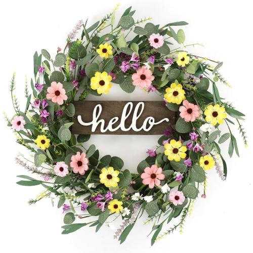 Summer Wreath for Front Door Colorful Daisy Floral Spring Wreath with Hello Sign Eucalyptus Wildflower Wreaths for Indoor Outdoor Wall Window Festival Wedding Farmhouse Celebrations Decor