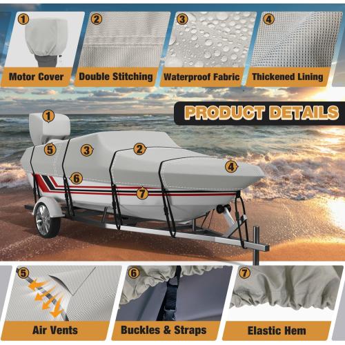 Light Grey Trailerable Boat Cover, 600D Solution-Dyed Bass Boat Cover, Heavy Duty 100% Waterproof Boat Covers Fits V-Hull Runabout Fishing Ski Pro-Style Bass Boats