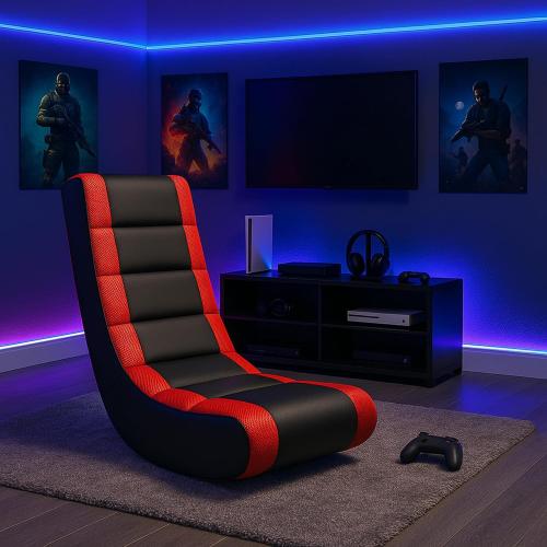 The Crew Furniture Classic Video Rocker Floor Gaming Chair, for Kids and Teens, PU Faux Leather & Polyester Mesh, Black/Red
