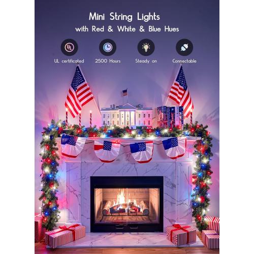 Minetom Red White Blue Lights Green Wire 100 Count 4th July Decoration | Patriotic Christmas Mini String Lights Waterproof for Indoor Outdoor Xmas Holiday Party Patio Independence Day Decoration