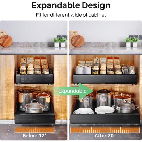 Pull out Cabinet Organizer, Expandable(12-20) Heavy Duty Slide out Drawer Fixed with Adhesive Nano Film for Pots, Roll out Shelf Storage for Kitchen Base Cabinet Organization, Pantry, Bathroom