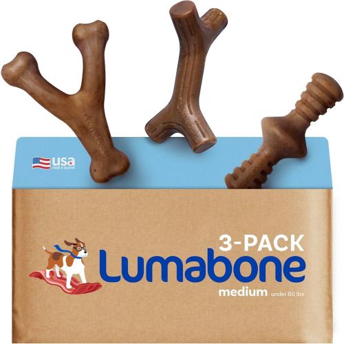 Lumabone Real Bacon Medium 3-Pack Durable Dog Chew Toys for Aggressive Chewers, Made in USA – Wishbone, Zaggler, Stick