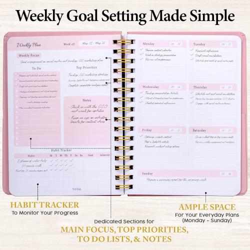 Undated Weekly Planner – Minimalist Daily Planner Notebook for Work, Home & Daily Writing | Simple Matte Planner for Goals, Appointments, Notes & Productivity, Elegant Cardstock Pages, Pink