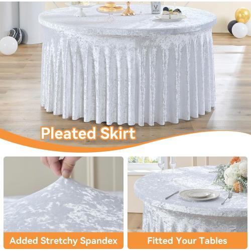 NSSONBEN 8 Pack White Velvet Round Tablecloth 60 inch, Thick Shiny Velour Stretch Fitted 5ft Round Tablecloths 120 inch, Wrinkle Free Spandex Table Covers with Skirt for Wedding Party Dining Banquet