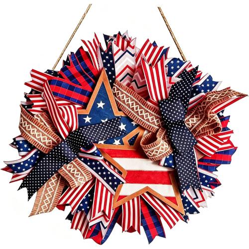 Spiritlele 250th Anniversary USA Door Sign Star Patriotic Wreath 4th of July Memorial Day Hanging Garland Indoor Decoration for Front Door Home Office Celebration Gift