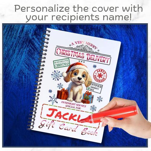 Christmas Gift Card Book 5x7 inches with Stickers, 10 Page Soft Cover Spiral Bound with Protective PVC Cover, and 20 Double Sided Sticky Dots - 8 Different Cover Design Options (Christmas Delivery Dog)