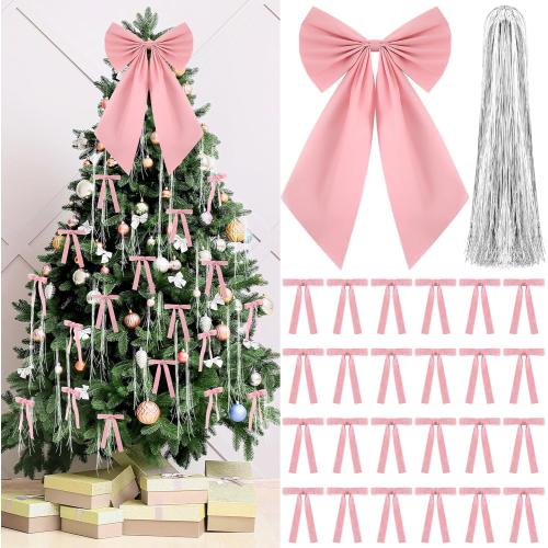 Set of 24 Small and 1 Large  Color  Pink Shihanee Christmas Tree Decorations Bows and Tinsel Icicles Set Include 24 Pcs Small Velvet Christmas Bows 1 Pcs 11x20 Large Tree Topper Bows 3000 Strands Tinsel Icicles for Holiday Decor