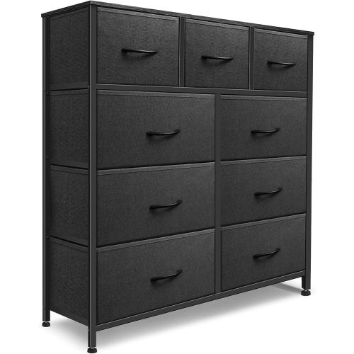 Color white Dresser for Bedroom with 9 Drawers, Chest of Drawers, Storage Drawers Organizer Unit, Black Wide Fabric Dresser with Fabric Bins for Closet, Living Room, Entryway