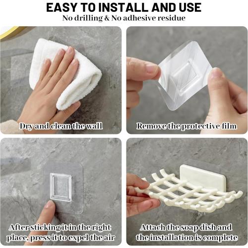 Pack of 4 Soap Bar Holder for Shower Wall, Self Draining Soap Dish with Hooks, No Drilling, Bathtub Kitchen Sink Waterproof Adhesive Wall Mounted Dish (4 Pack, White)