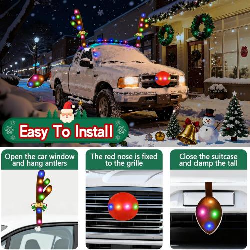 Christmas Car Decorations Reindeer Car Kit Antlers with Lights, Jingle Bells Rudolph Reindeer and Nose, Tail Cute Costume Auto Accessories for Trunk Vehicles SUV Antenna Toppers Multicolor