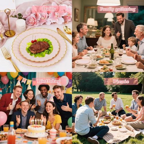 YOUBET 60PCS Pink Scalloped Plastic Plates - Hard Pink and Gold Fancy Disposable Plates include 30 Gold Dinner Plate, 30 Dessert Plate for Party & Wedding & Baby Shower Valentines Day