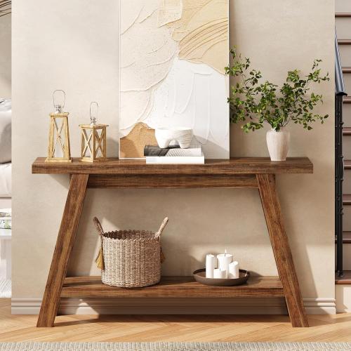 Console Table, 55-Inch Entryway Table with Storage 2-Tier Narrow Wood Console Table Behind Couch Sofa Tables for Living Room, Entryway, Hallway (Light Brown)