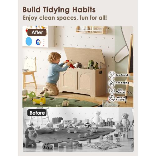 Storage Chest, Wooden Toy Box, Natural 31.5 L | Entryway Shoe Bench, 2 Soft-close Hinges, Finger-safe Flip-Top Lid, Easy Assembly, Farmhouse Large Trunk, Living Room/Bedroom