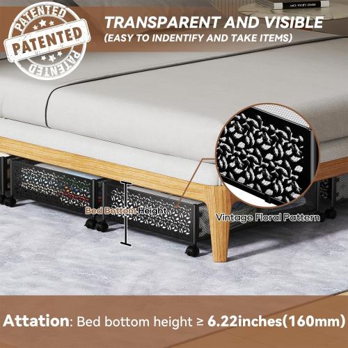 PHINOX Under Bed Stroage Container with wheels,Patterned,Metal,2 Pack,Black