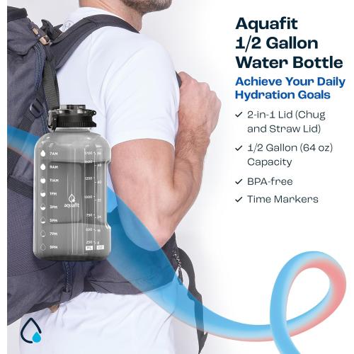 Size 64oz Color White AQUAFIT Half Gallon Water Bottle with Time Marker - Straw & Chug Lid - BPA Free Gym Water Bottle with Straw - Big Gallon Jug ( 64 oz - 2in1 Lid)