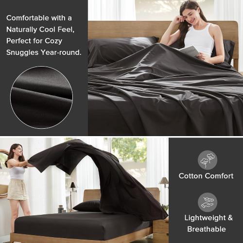 Comfort Spaces 100% Cotton Sheets King, Breathable & Ultra Soft Cotton Sheets, Naturally Cool Cotton Bed Sheets with 14 Elastic Pocket Fits up to 16 Mattress, All Season Sheet Set, Black 4 Piece
