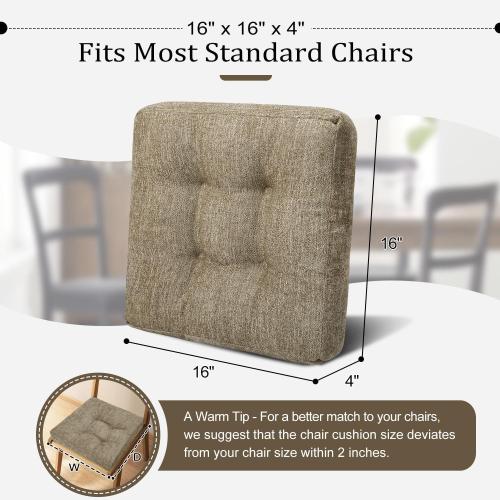 Wellsin Chair Cushions for Dining Chairs, Kitchen Chair Cushions Set of 2, Tufted Chair Pads with Non-Slip Bottom, 16 x 16, Khaki