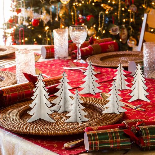 18 Pieces Wooden Christmas Tree Crafts 3D Natural Cutouts Rustic Wood Christmas Tree Decorations Decorative Wood Home Table Decors for Holidays Parties Anniversaries Decorations