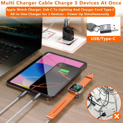 Multi Charging Cable for Apple Watch Charger 6FT, iPhone Charger USB A/C Multi Fast 3 in 1 Charging Cable for iWatch Ultra/SE/10-1 & iPhone16-5/Pro/Plus/iPad/iPod/Airpod