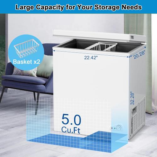 Chest Freezer, Deep Freezer 5 Cubic Feet with Removable Baskets & 6 Adjustable Temperature & Top Open Door, White Mini Deep Freezer Compact Freezer Suitable for Apartments(Down to -18°F)
