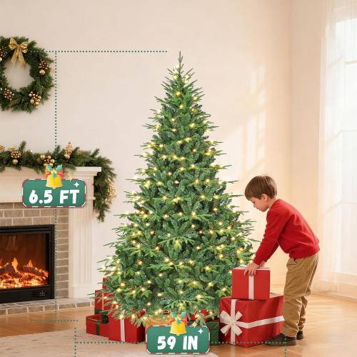 6.5ft Prelit Artificial Christmas Tree with 2368 PE PVC Tips, Premium Pre-Lit Holiday Xmas Tree with 300 UL Incandescent Lights, Metal Hinges & Foldable Base for Home Office Party, Green