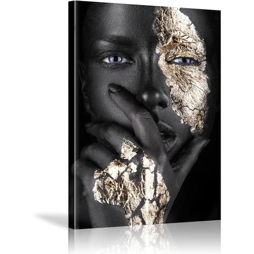 16”x24 Black Woman Wall Art African American Wall Art Canvas Framed Black and Gold Women Portrait Canvas Print Artwork Black Art Wall Decor African Decorations for Living Room 16”x24”