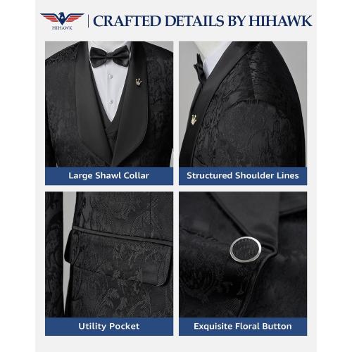 Mens 3 Piece Floral Tuxedo, Jacquard Slim Suit Set, Paisley Blazer Vest and Pants for Prom Wedding large