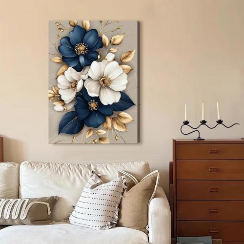 Modern Floral Canvas Wall Art Blue White Gold Flowers Wall Decor Pictures Flower Market Poster Prints for Living Room Bedroom Office Home Decoration 16x24in Ready to Hang