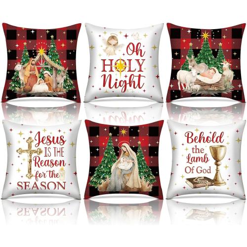 6 Pcs Christmas Pillow Covers 18x18 Inch Religious Nativity Scene Throw Pillowcase Jesus is The Reason for The Season Cushion Case Red Black Buffalo Plaid Christmas Decor for Couch Sofa Decor
