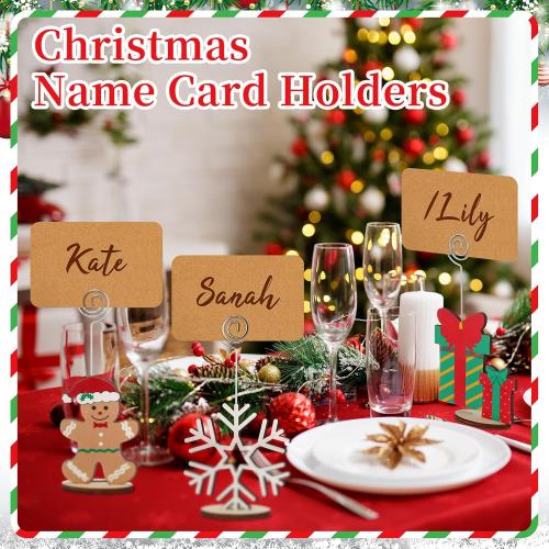 20 Pcs Christmas Wood Place Card Holders Stand Display and 20 Kraft Place Cards Santa Snowman Elk Number Name Photo Picture Clip Holder for Xmas Party Table Decoration(Christmas)