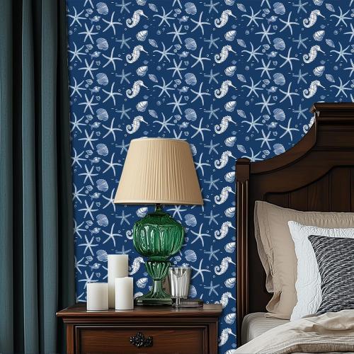 Ocean Sea Life Wallpaper Peel and Stick Vinyl Self-Adhesive Removable Contact Paper Starfish, Seahorse, and Shell Design for Walls Countertops Cabinets Home Decor 15.7x39.4