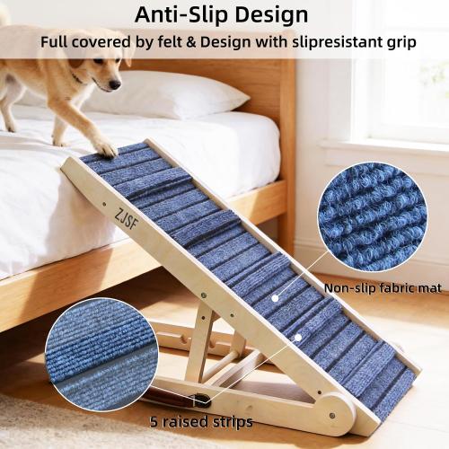ZJSF Foldable Dog Ramp for High Bed, Wooden Dog Stairs to Bed for Small and Large Dogs, High Traction Platform with 6 Adjustable Heights (12.2-26), 40 L, Supports up to 180 lbs