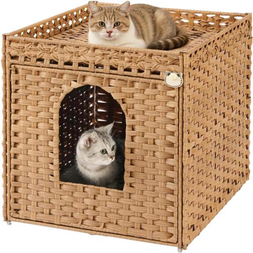 SETVSON Cat Litter Box Enclosure Furniture, Large PE Rattan Cabinet,Natural | Large PE Rattan Kitty House fits Large Litter Boxes, Included Litter Mat, 2 S-Hooks, Metal Frame, 21.6x26x21.6 In Cat Cabinet
